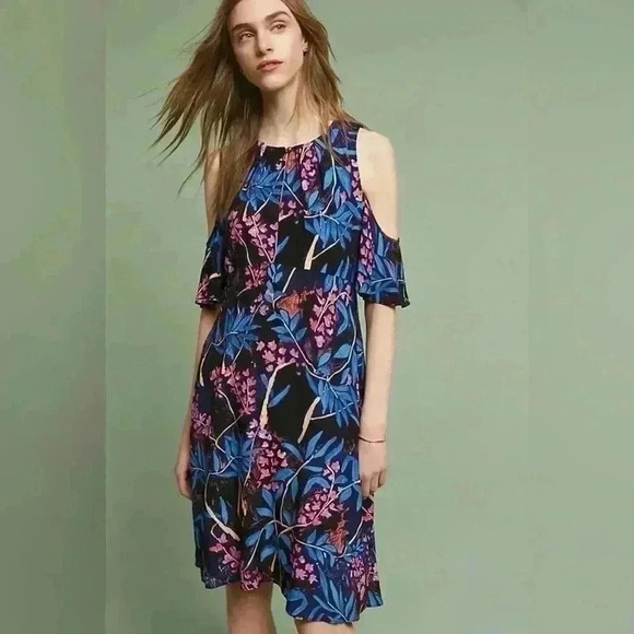 Anthropologie Maeve Elia Floral Cold Shoulder Mini Flutter Dress Women’s 16 - Picture 1 of 10